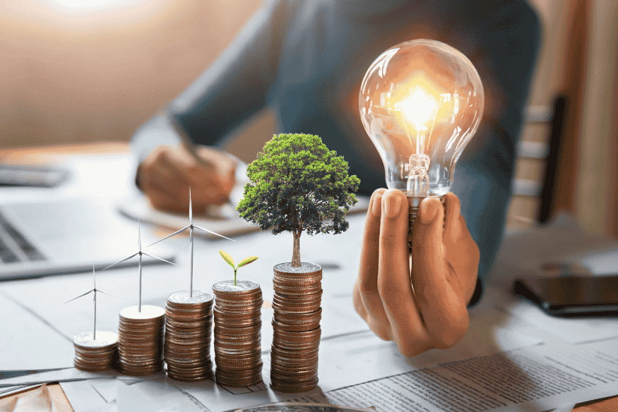 Monete impilate con alberi e una lampadina accesa, simbolo di crescita sostenibile e investimenti nelle risorse umane.