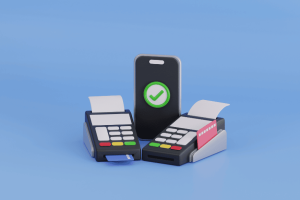 Terminali POS e smartphone con carta di credito su sfondo blu.