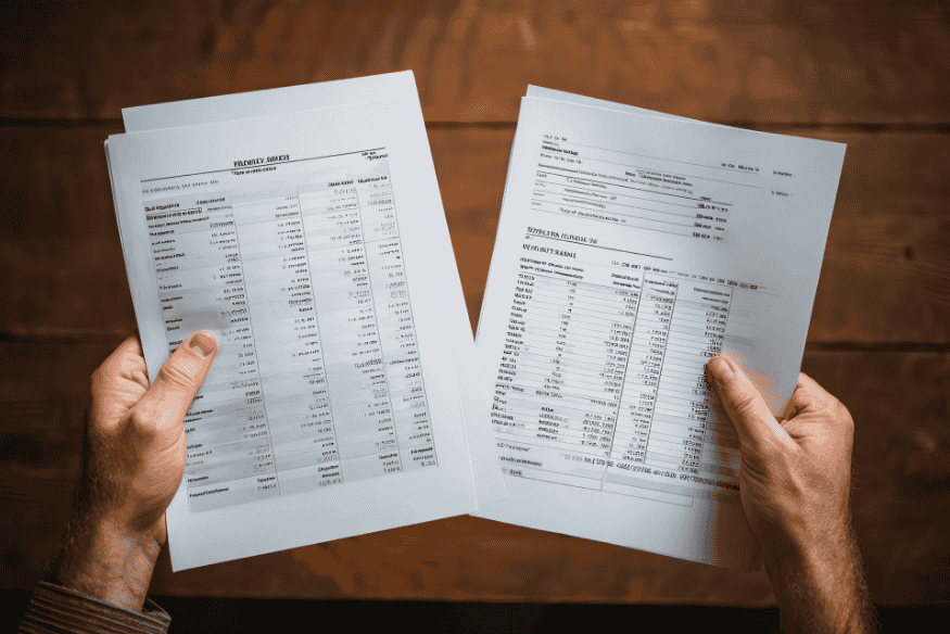 Persona che tiene in mano due documenti finanziari, immagine che rappresenta il confronto tra pagine dell’estratto conto della carta di credito.